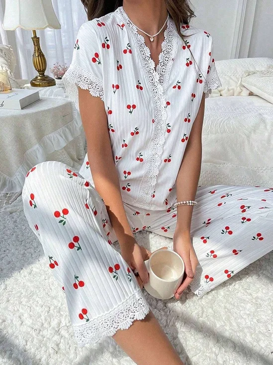 Kirsche Print  Spitze V-Ausschnitt Kurzarm Bluse mit Hose  Lässig Pyjama Set