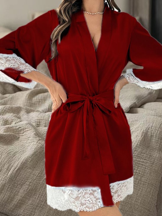 Satin Unifarben Spitze Nachthemd Lässig Nacht- Robe