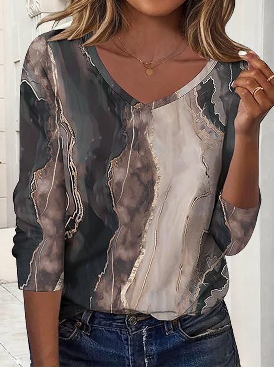 Lässig Gestreift V-Ausschnitt Langarm T-Shirt