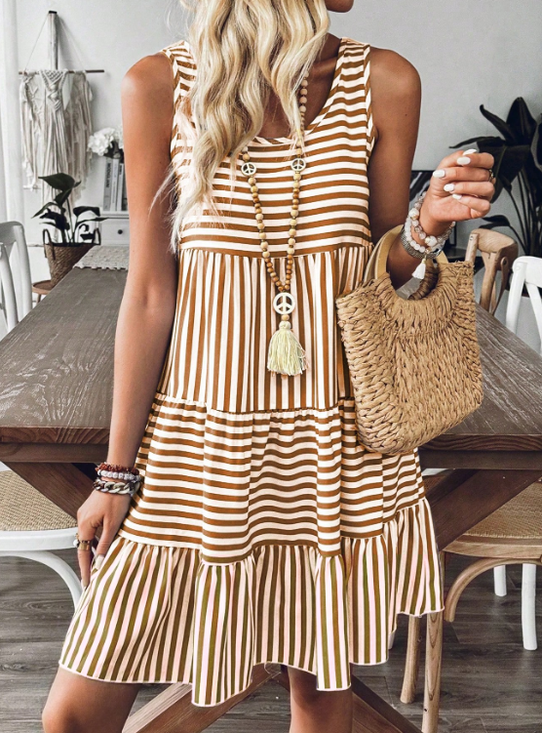 Damen Gestreift Sommer Kleid Rundhals Ärmellos Tanktop A-Linien-Kleid