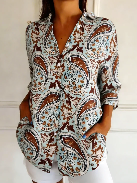 Hemdkragen Langarm Cashew Blumen Regelmäßig Weit Bluse für Damen