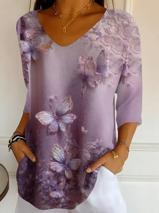 Lässig Schmetterling V-Ausschnitt Dreiviertelärmel T-Shirt