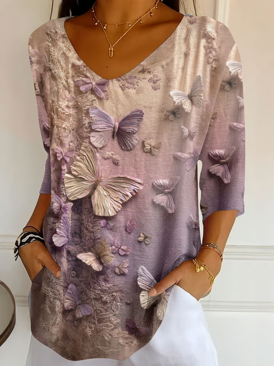 Lässig Schmetterling V-Ausschnitt Dreiviertelärmel T-Shirt