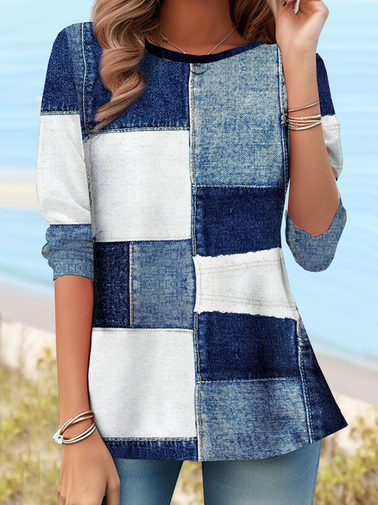 Lässig Grafik mit Denim-Imitat-Print Rundhals Langarm T-Shirt