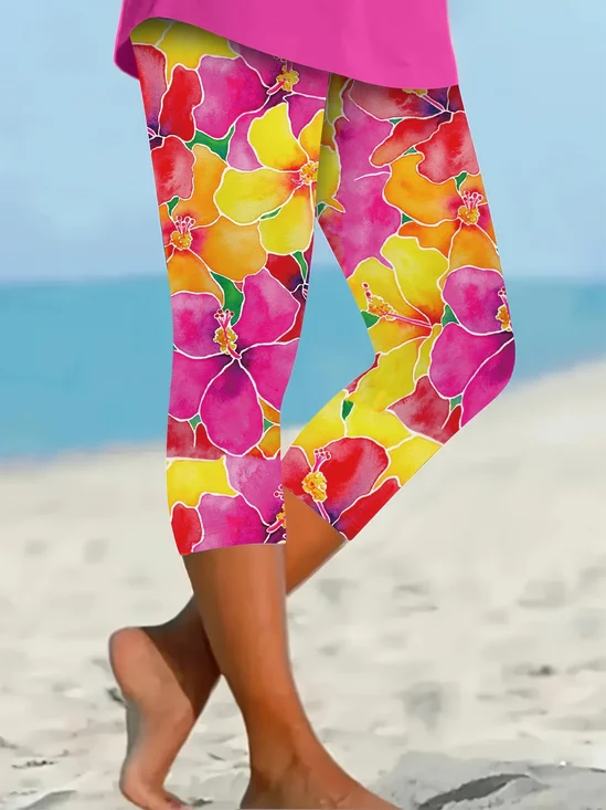 Damen Geblümt Caprihosen Elastische Taille Hose Lässig Sommer Hose