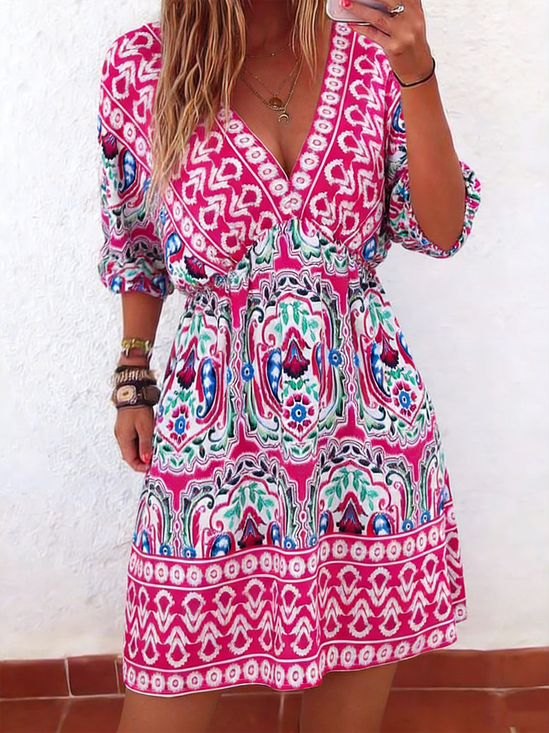 Damen Gestreift Sommer Kleid V-Ausschnitt Halbarm A-Linien-Kleid