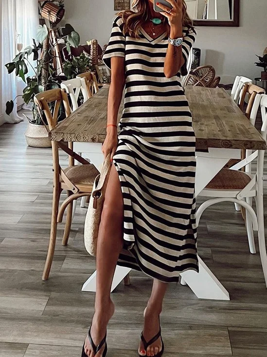 Damen Gestreift Sommer Print Kleid V-Ausschnitt Kurzarm T-Shirt-Kleid A-Linien-Kleid