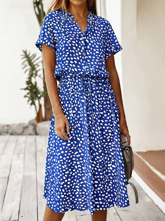 Damen Polka Dots Sommer Print Kleid V-Ausschnitt Kurzarm T-Shirt-Kleid A-Linien-Kleid