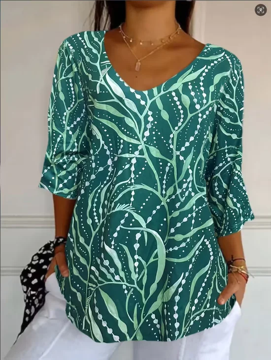 Lässig Abstrakt V-Ausschnitt Dreiviertelärmel T-Shirt