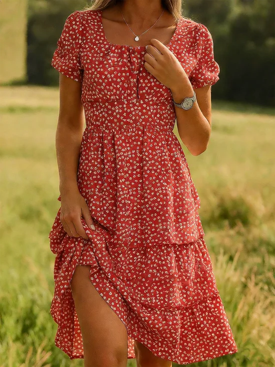 Damen Blumenmuster Sommer Kleid Kurzarm A-Linien-Kleid