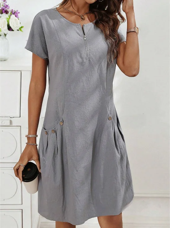 Damen Unifarben Sommer Kleid Rundhals Kurzarm X-Linie Kleid