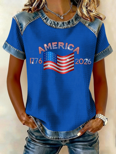 Retro Farbblock Rundhals Kurzarm T-Shirt