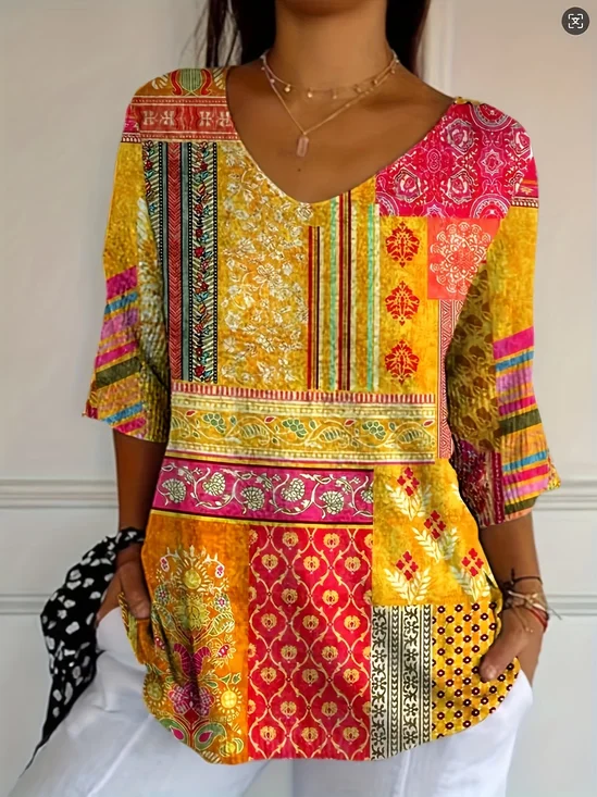 Lässig Geblümt V-Ausschnitt Dreiviertelärmel T-Shirt