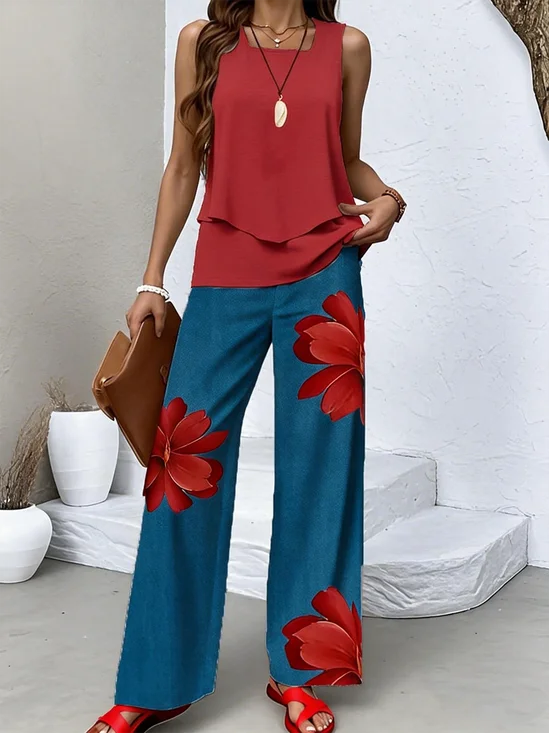 Damen Geblümt Zweiteiliges Set Täglich Ärmellos Lässig Sommer Bluse mit Hose Matching Set