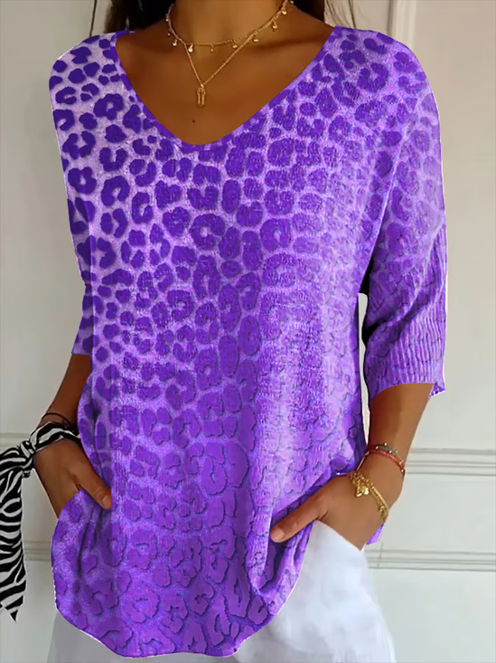 Lässig Leopard V-Ausschnitt Dreiviertelärmel T-Shirt