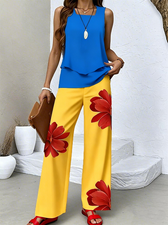 Damen Geblümt Zweiteiliges Set Täglich Ärmellos Lässig Sommer Bluse mit Hose Matching Set