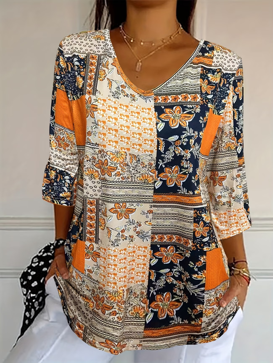 Lässig Geblümt V-Ausschnitt Dreiviertelärmel T-Shirt