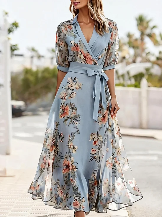 Damen Geblümt Sommer Kleid V-Ausschnitt Kurzarm Blusenkleid A-Linien-Kleid