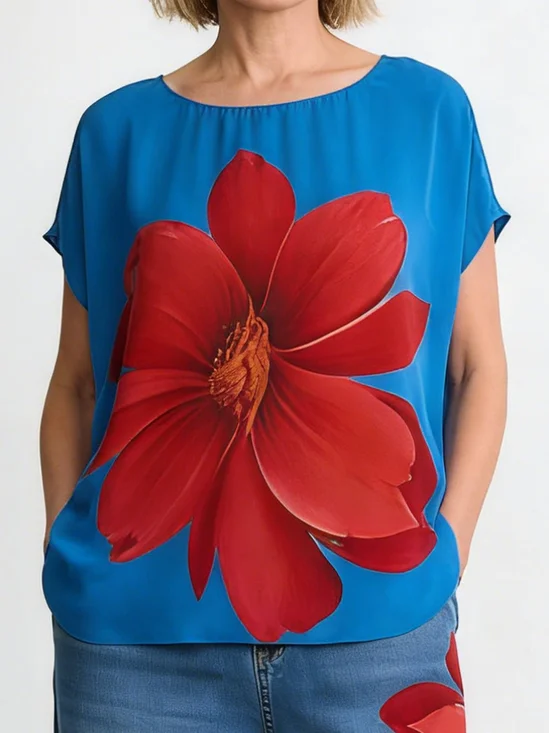 Rundhals Kurzarm 3d Drucken Regelmäßig Weit Bluse für Damen