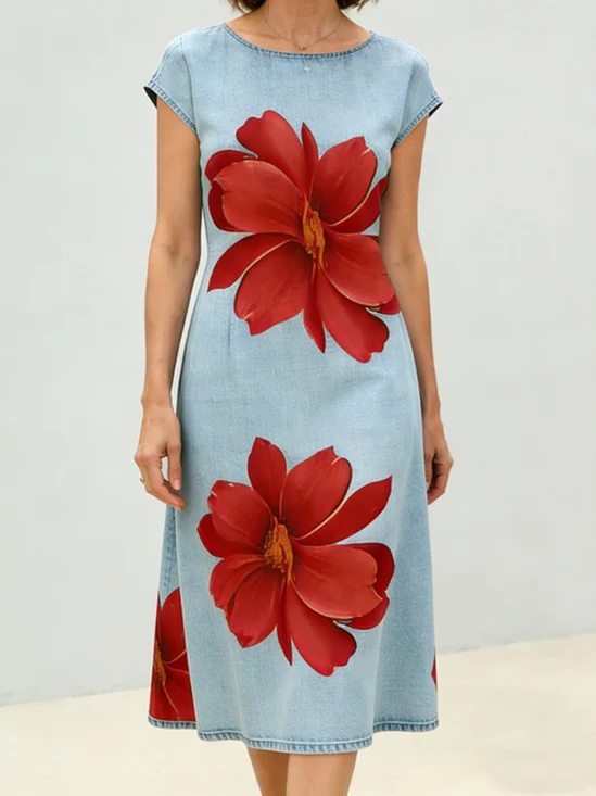 Damen 3d Drucken Sommer Kleid Rundhals Kurzarm Passen & Flare Kleid A-Linien-Kleid