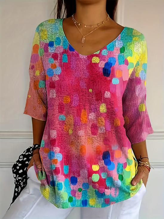 Lässig Abstrakt V-Ausschnitt Dreiviertelärmel T-Shirt