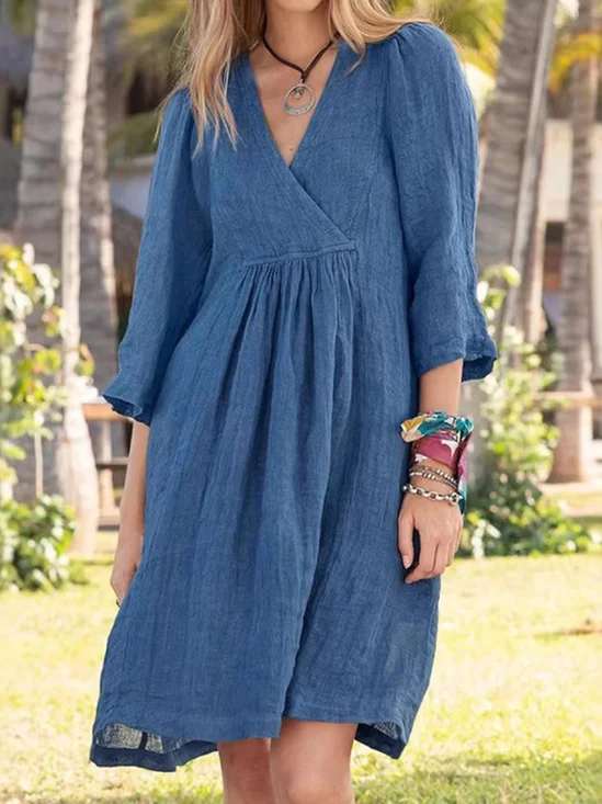 Damen Unifarben Frühling/Herbst Kleid V-Ausschnitt Dreiviertelärmel H-Linie Kleid
