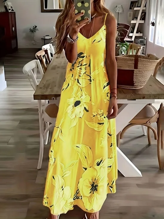 Damen Geblümt Sommer Print Kleid V-Ausschnitt Ärmellos Unterhose Kleid X-Linie Kleid