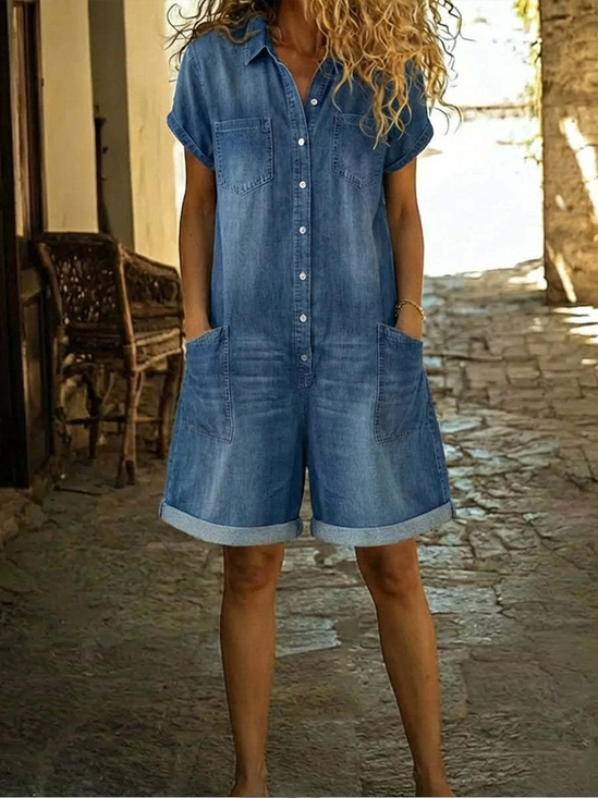 Damen Unifarben Schalkragen Kurzarm Retro Sommer Denim Jumpsuit