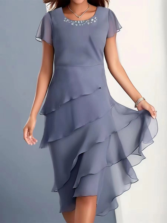 Damen Unifarben Sommer Kleid Rundhals Kurzarm A-Linien-Kleid