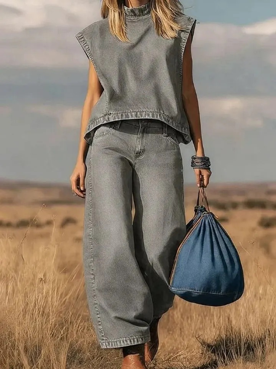 Deinim Retro Ärmellos Rundhals Bluse mit Hose Westlicher Stil Frühling Sommer Ausgehen Zwei Stücke Set