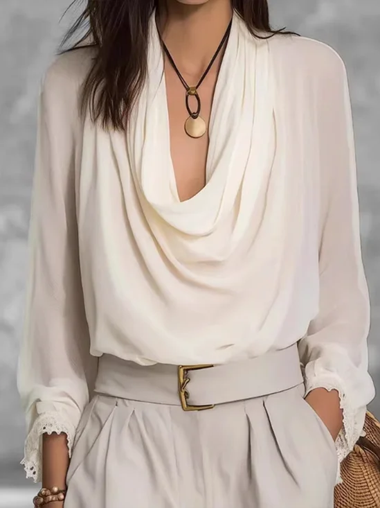 Wasserfallausschnitt Langarm Unifarben Leicht Regelmäßige Passform Bluse für Damen