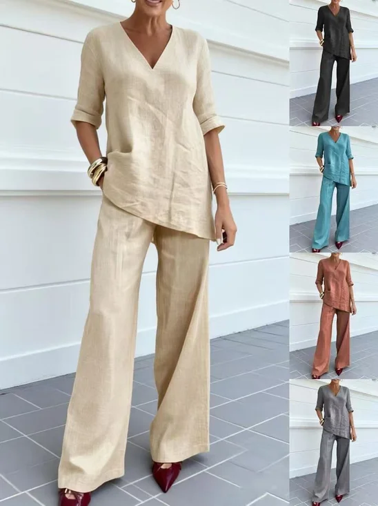 Damen Unifarben Zweiteiliges Set Täglich Kurzarm Lässig Sommer Bluse mit Hose Matching Set