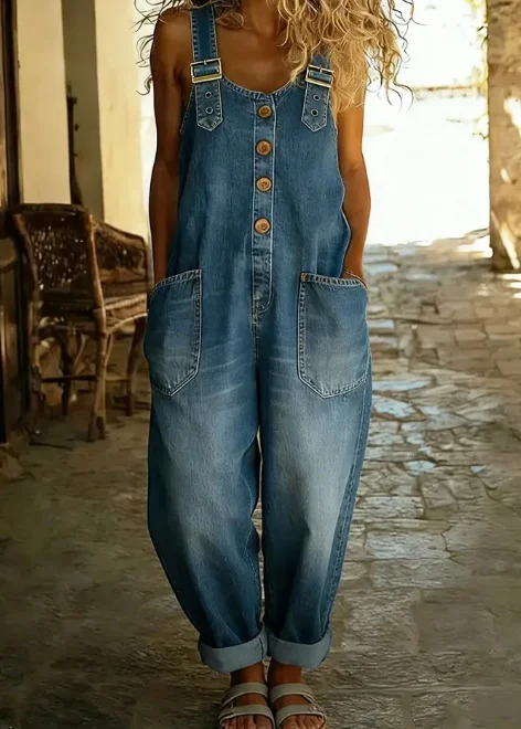 Damen Unifarben Rundhals Ärmellos Retro Sommer Jumpsuit