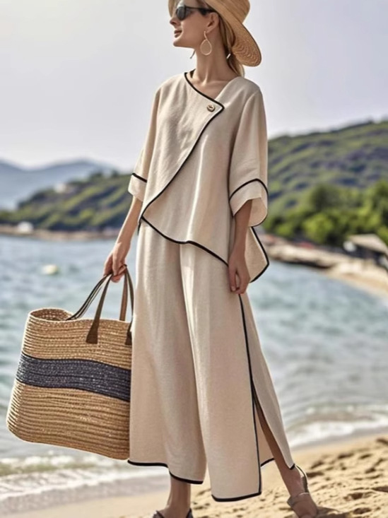 Damen Unifarben Zweiteiliges Set Täglich Kurzarm Lässig Sommer Bluse mit Hose Matching Set