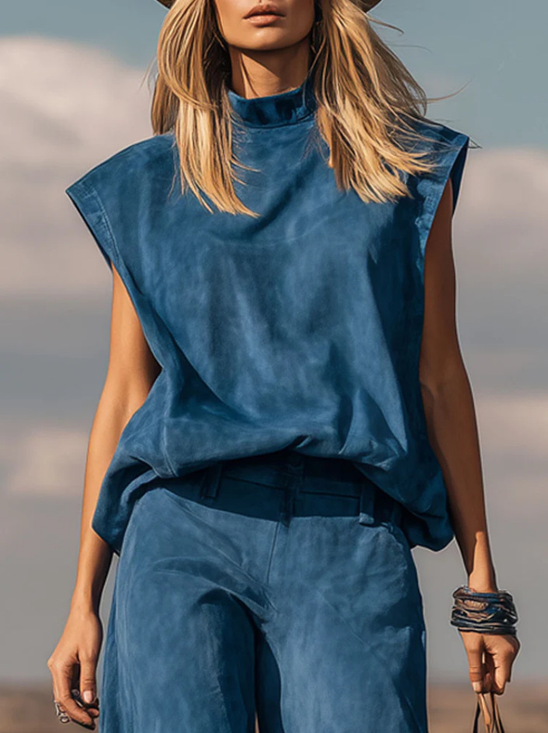 Damen Unifarben Zweiteiliges Set Täglich Ärmellos Retro Sommer Bluse mit Hose Matching Set