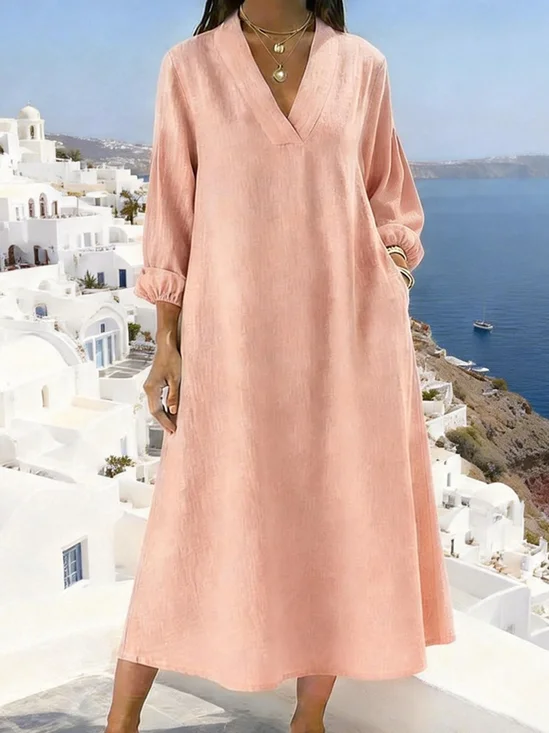 Damen Unifarben Frühling/Herbst Kleid V-Ausschnitt Langarm H-Linie Kleid