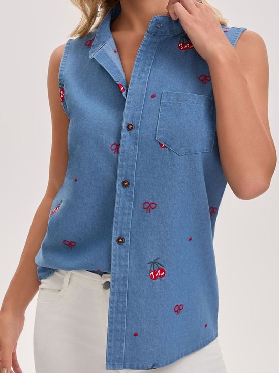 gewaschener Denim Fashion Strickjacke Jacke Bögen Kirsche Stickmuster Stehkragen Ärmellos Sommer Frühling Ausgehen Denim Oberteile