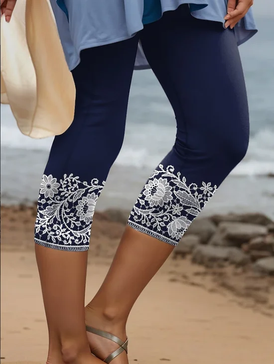 Damen Geblümt Caprihosen Elastische Taille Hose Lässig Sommer Hose