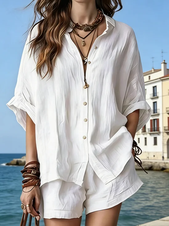 Damen Unifarben Zweiteiliges Set Täglich Kurzarm Lässig Sommer Bluse mit Hose Matching Set