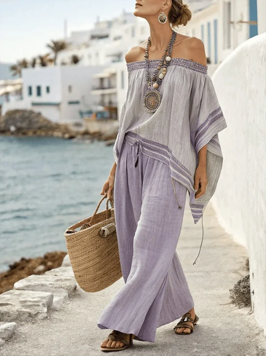 Damen Gestreift Zweiteiliges Set Täglich Halbarm Lässig Sommer Bluse mit Hose Matching Set