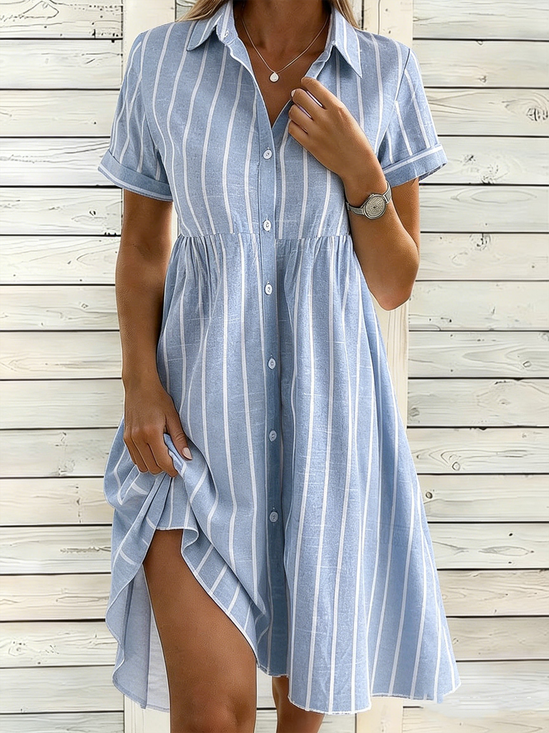 Damen Gestreift Sommer Kleid Schalkragen Kurzarm Blusenkleid A-Linien-Kleid