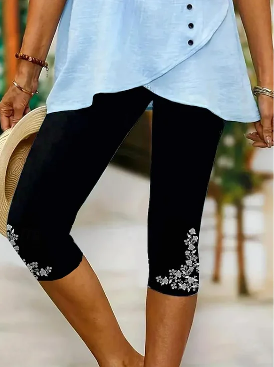 Damen Geblümt Caprihosen Elastische Taille Hose Lässig Sommer Hose