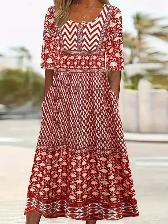 Damen Abstrakt Grafik Sommer Print Kleid Rundhals Kurzarm Etuikleid H-Linie Kleid