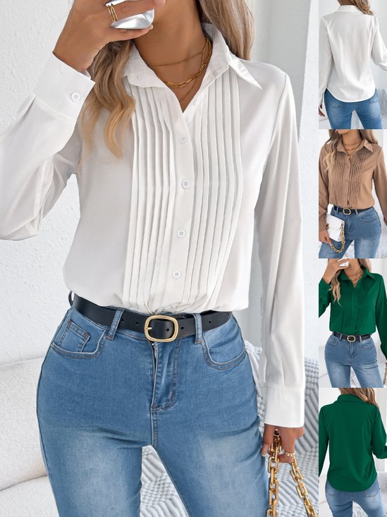 Schalkragen Langarm Unifarben Nahtverarbeitung Regelmäßig Mikroelastizität Weit Tunika Bluse für Damen