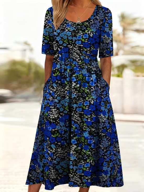 Damen Geblümt Sommer Print Kleid Rundhals Kurzarm Etuikleid H-Linie Kleid