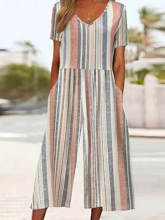 Damen Gestreift V-Ausschnitt Halbarm Lässig Sommer Jumpsuit