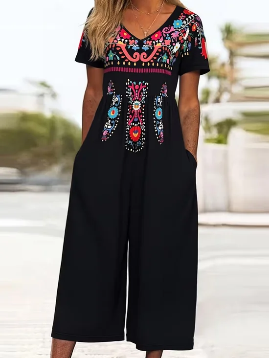 Damen Ethnisch V-Ausschnitt Halbarm Lässig Sommer Jumpsuit