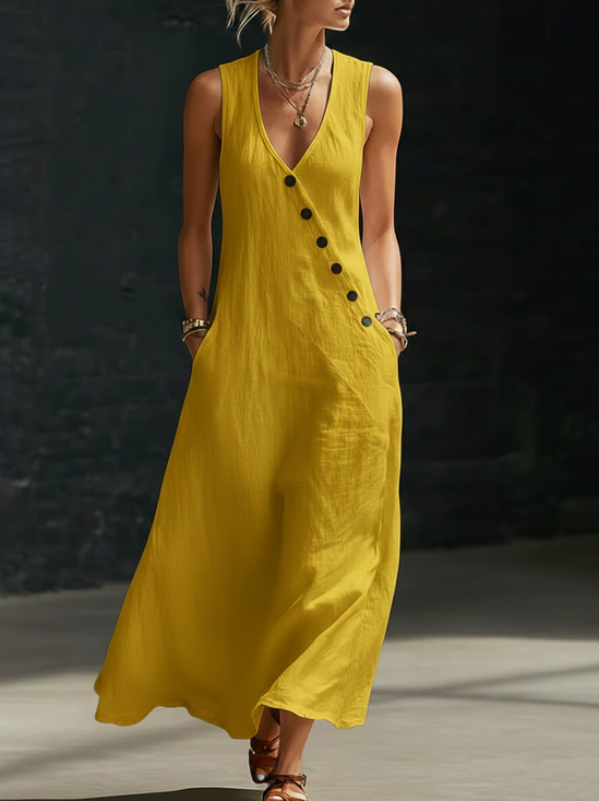Damen Unifarben Sommer Kleid V-Ausschnitt Ärmellos Passen & Flare Kleid A-Linien-Kleid