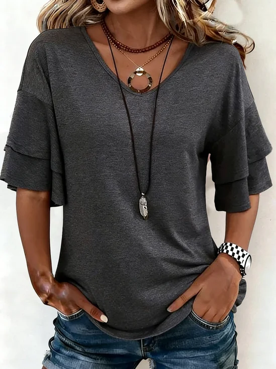 Elegant Unifarben V-Ausschnitt Halbarm T-Shirt