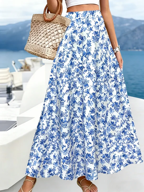 Lässig Geblümt A-Linien Hohe Taille Maxikleid Rock